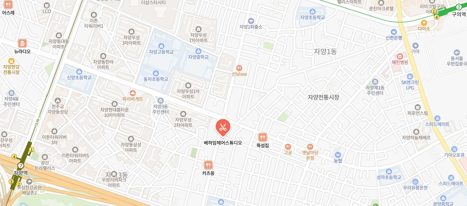 베하임헤어스튜디오 위치 지도 — 자양역과 구의역 사이 자양번영로 32